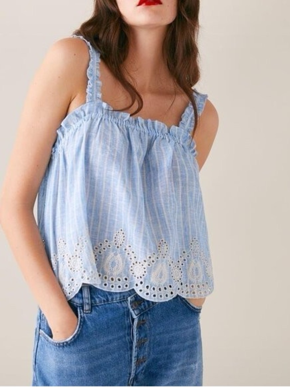 Zara Striped Baby Doll Top Ruffled Embroidered Cami Light Blue White Stripe